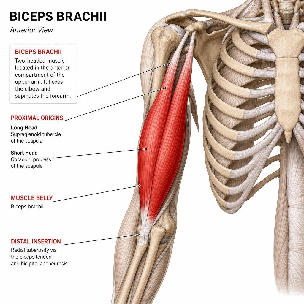 Anatomisk illustration av Biceps (M. biceps brachii)