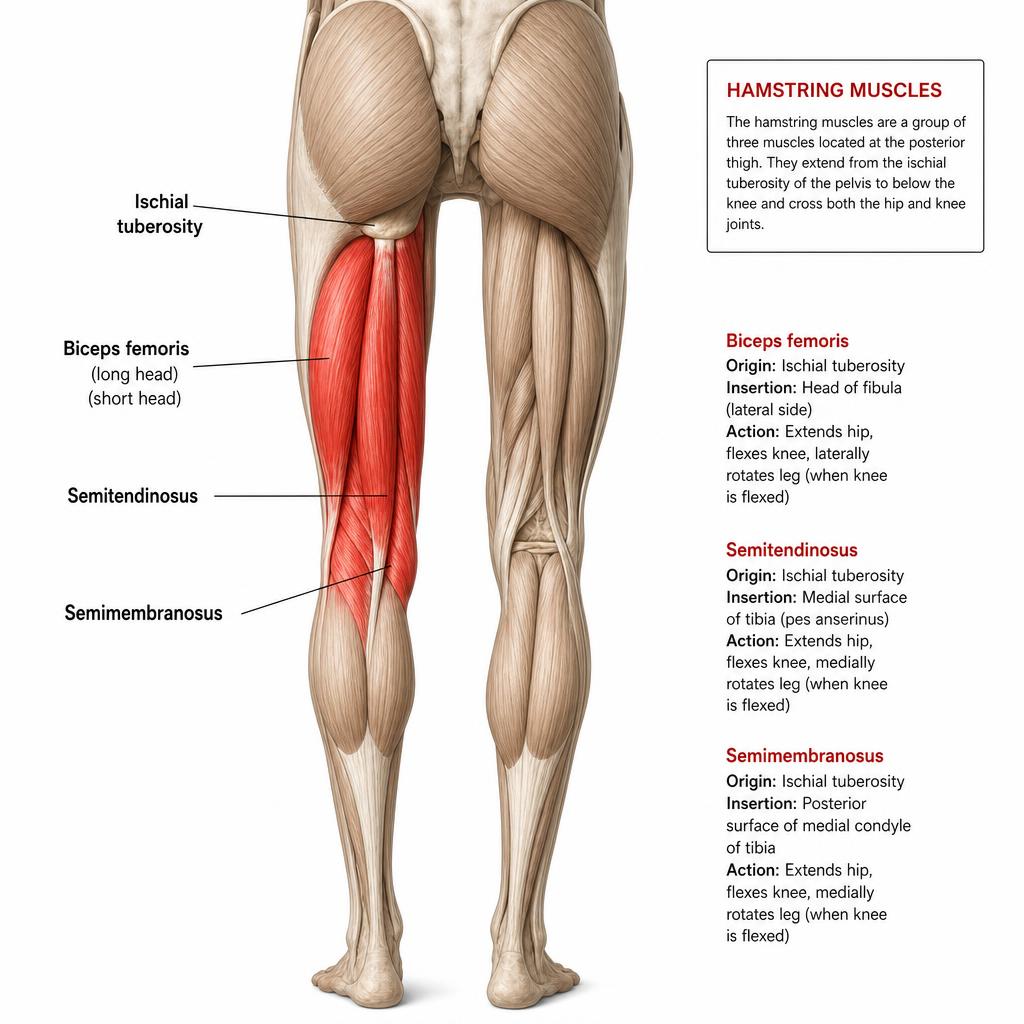 Anatomisk illustration av Hamstrings (M. biceps femoris, semitendinosus, semimembranosus)