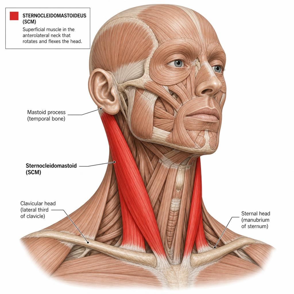Anatomisk illustration av Sternocleidomastoideus (M. sternocleidomastoideus)