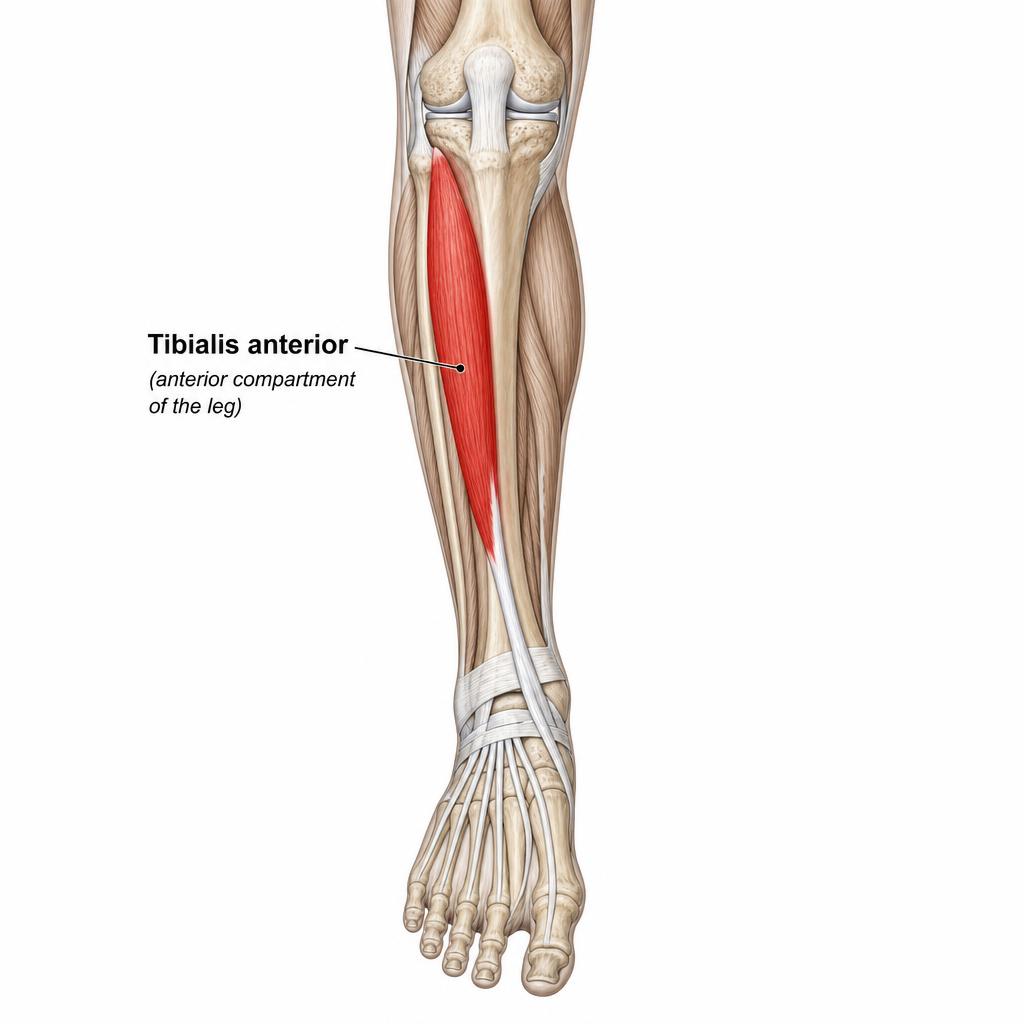 Anatomisk illustration av Tibialis Anterior (M. tibialis anterior)